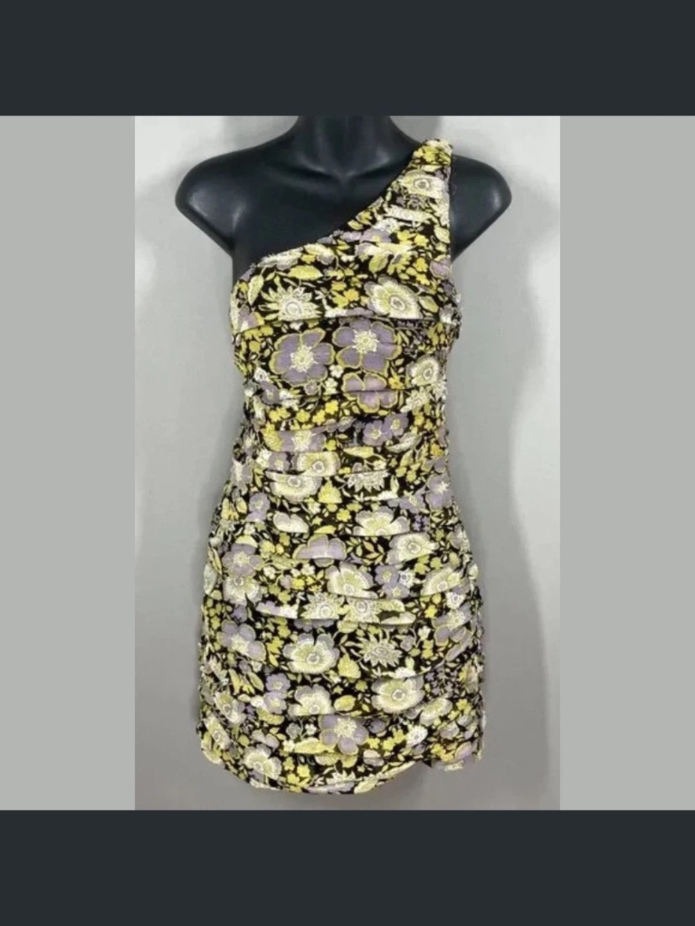 NEW Zara Dress Womens Medium black purple floral one shoulder sheath cocktail